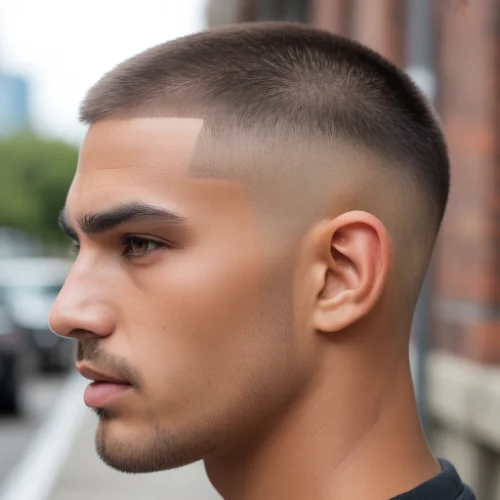 Modern buzz cut low taper fade with sharp hairline and smooth faded sides, side view portrait outdoors.