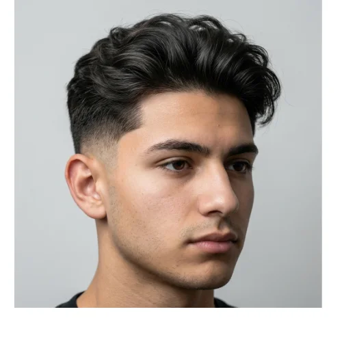 Low taper fade with fluffy long top hairstyle featuring volume and textured finish