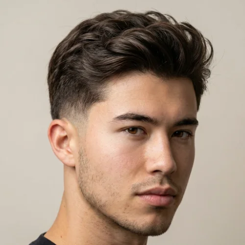 Front-facing portrait of a young man with a low taper fade haircut, featuring clean faded sides and a thick, swept-back textured top for a modern men’s hairstyle.