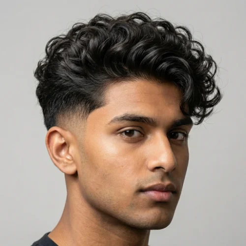 Close-up portrait of a young man with a curly low taper fade haircut, featuring neatly blended faded sides and voluminous textured curls on top for a modern men’s style.