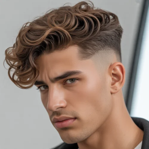 Side profile of a young man with long, curly hair swept to one side and styled with a low taper fade, featuring a smooth gradual fade around the temples and ears against a soft indoor background.