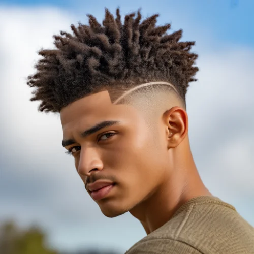 Side profile of a young man with short, spiky afro-textured hair styled in a low taper fade, featuring a clean gradual fade on the sides and a sharp shaved line design above the temple, set against an outdoor sky background.