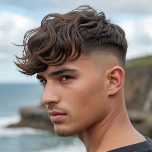 Low Taper Fade Textured Fringe Blowout with wavy textured top and clean low taper sides