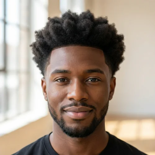 Low Taper Fade with natural textured afro top and clean blended sides