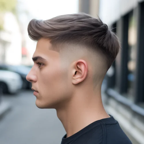 Low Taper Fade Textured Fringe Blowout side profile with smooth swept-back top and clean skin taper