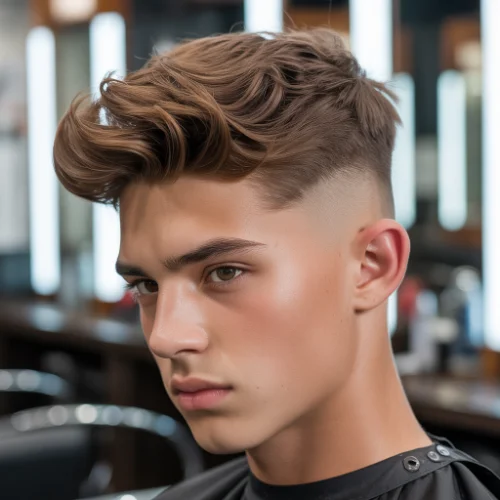 Low Taper Fade Textured Fringe Blowout with voluminous side-swept top and clean low taper fade