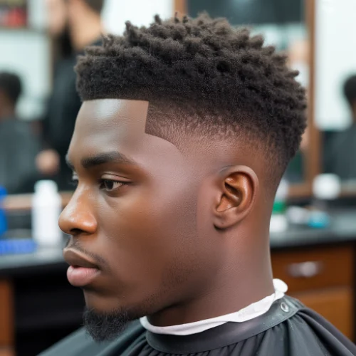 Low Taper Fade with textured afro top and sharp lineup in barbershop setting