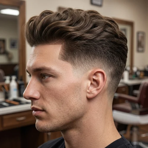 Low Taper Fade Textured Blowout with soft wavy brushed-back top and clean low taper fade