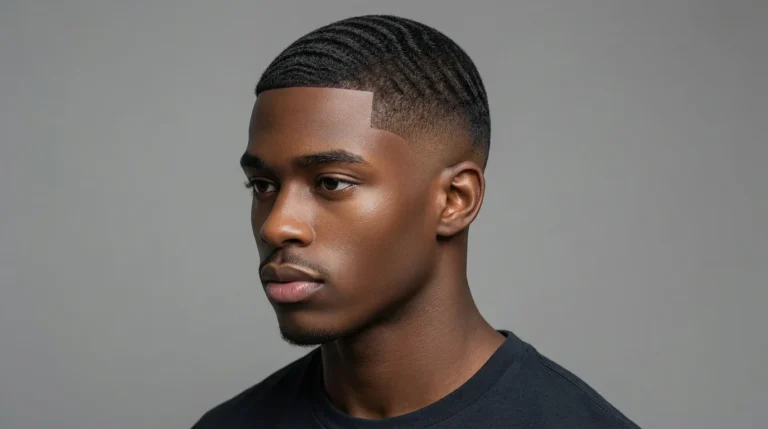 Black man with a classic low taper fade haircut featuring clean sides and a stylish top on a white background.