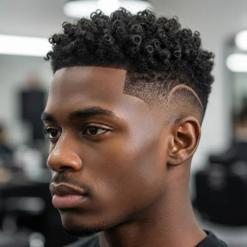 Black man with a low taper fade haircut featuring a sharp line up and clean edges on a white background.