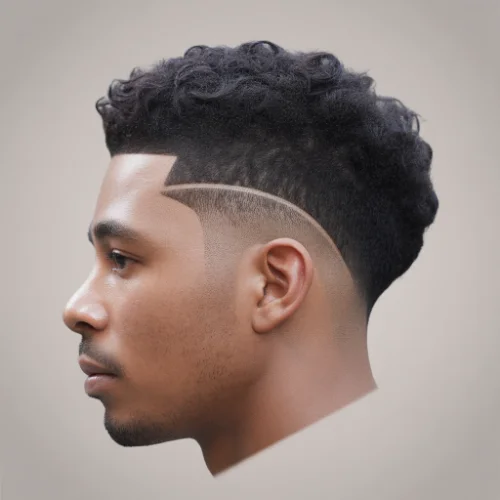 Black man with a low taper fade haircut and a textured top hairstyle on a clean white background.