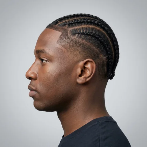 Black man with neat cornrows and a low taper fade haircut on a white background.