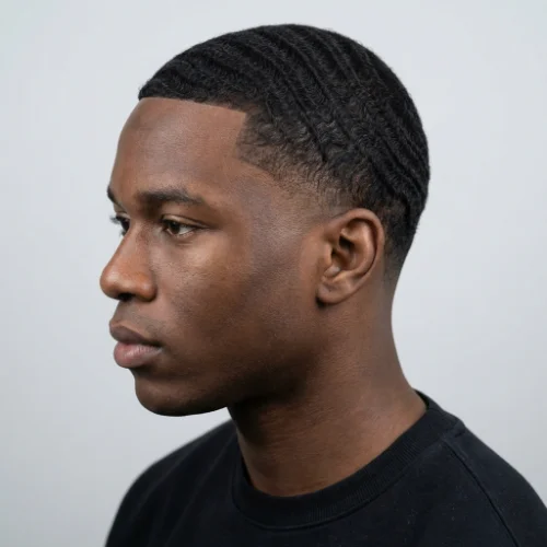 Black man with 360 waves and a low taper fade haircut on a clean white background.