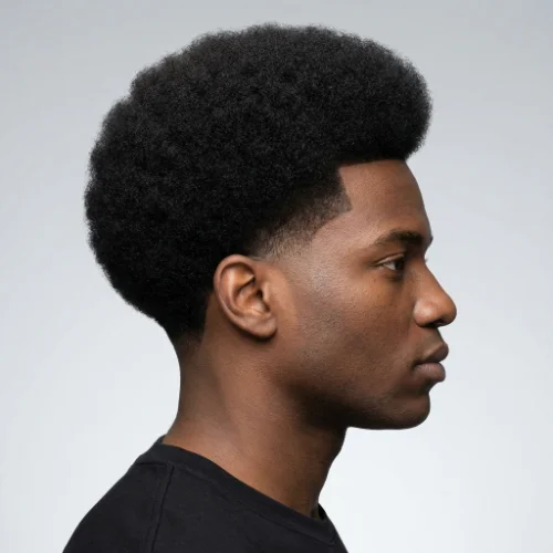 Black man with a natural afro and a low taper fade haircut on a white background.