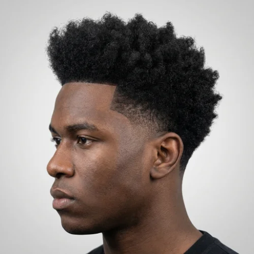 Black man with a high volume top and a clean low taper fade haircut on a white background.