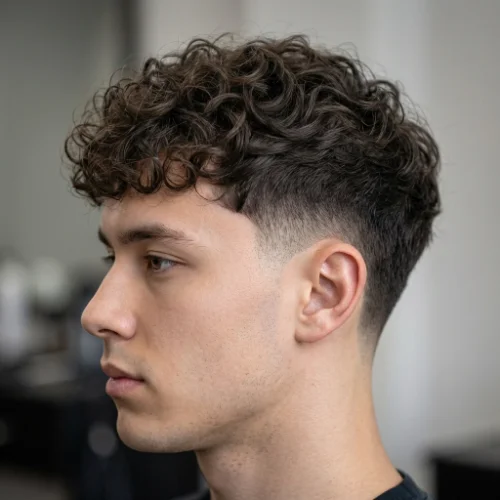 Low taper fade layered curly hair for men featuring layered curls on top and clean tapered sides