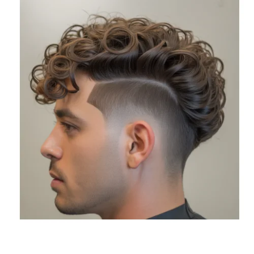 Low taper curly blowout for men with voluminous curly hair on top and clean tapered sides