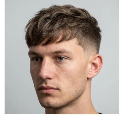 Low taper fade with fluffy fringe hairstyle featuring soft textured bangs and natural volume