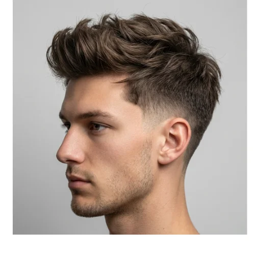 Low taper fade with fluffy thick hair styled for maximum volume and textured fullness