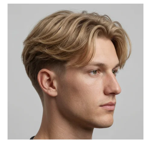 side view of Low taper fade with fluffy hair and middle part featuring balanced volume and soft textured layers