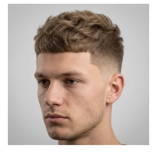 Low taper fade with short fluffy hair styled with light volume and natural texture