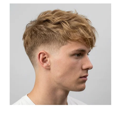 Low taper fade haircut with fluffy hair and a textured top, featuring soft volume and clean faded sides for a modern stylish look