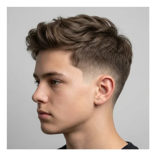 Low taper fade haircut with fluffy hair for school, featuring a soft textured top and clean faded sides for a neat everyday look