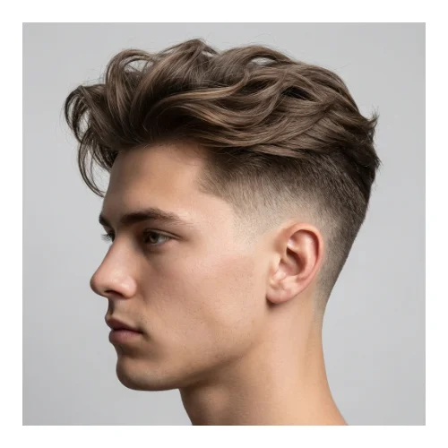 Low taper fade haircut with fluffy hair and blowout style, featuring voluminous textured top and clean faded sides for a bold modern look