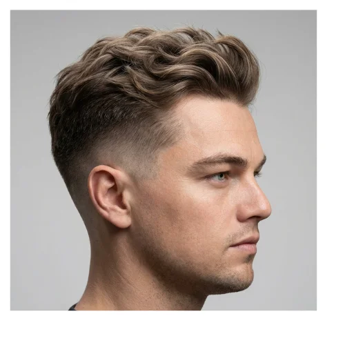 Low taper fade haircut with fluffy hair and light waves, featuring soft textured volume on top and clean faded sides for a modern look