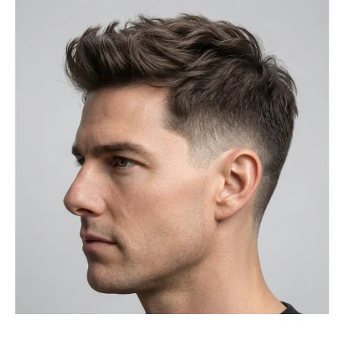 Low taper fade haircut with fluffy hair, featuring a modern trendy textured top and clean faded sides for a stylish look