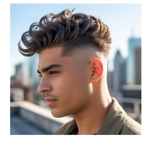 Textured quiff hairstyle with high skin fade and swept back volume