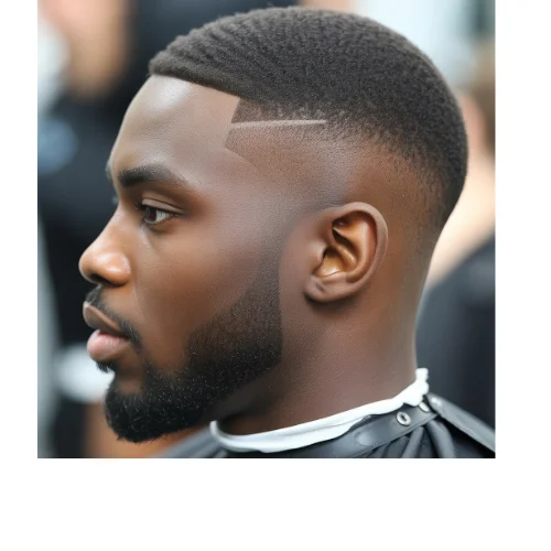 Black man with a low taper fade haircut paired with a well-groomed full beard on a white background.