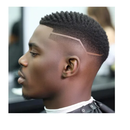 Black man with a low taper fade haircut featuring a stylish shaved hair design on the sides.