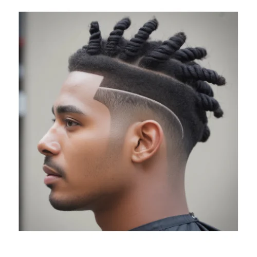 Black man with twist hair and a low taper fade haircut on a white background.