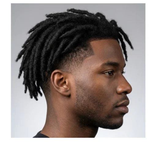 Black man with dreadlocks and a clean low taper fade hairstyle on a white background.