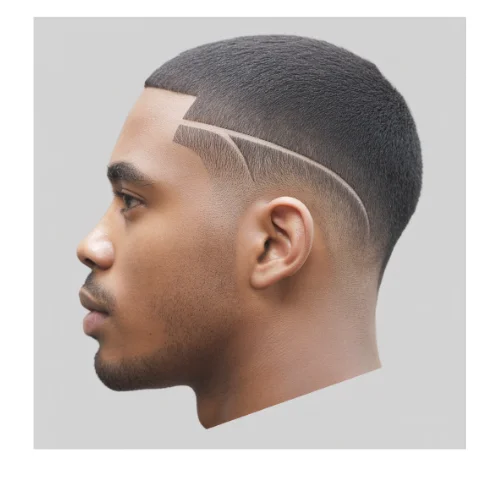 Black man with a clean cut low taper fade haircut and sharp edges on a white background.