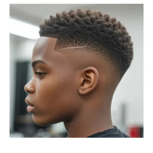 een boy with a stylish low taper fade haircut for Black hair on a white background.