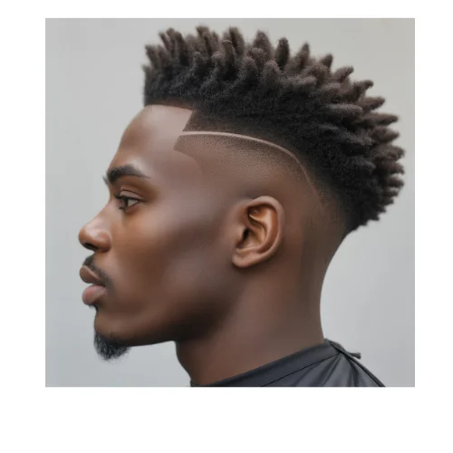 Black man with a long textured top and a low taper fade haircut on a white background.