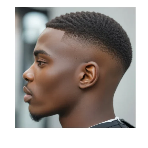 Black man with a freshly styled low taper fade haircut on a clean white background.