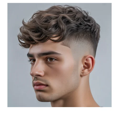 Side view of low taper fade with messy fluffy hair showing natural volume and textured layers