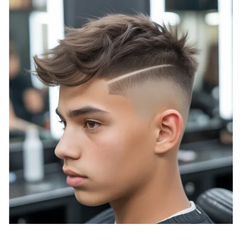 Side view of a teen boy with fluffy textured hair on top and a clean low taper fade blending smoothly around the ears and neckline.