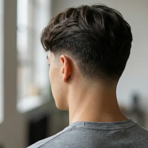 Rückansicht eines Low Taper Fade Haarschnitts mit sauberem Nackenbereich und weich verlaufenden, verblendeten Seiten für einen modernen Look.