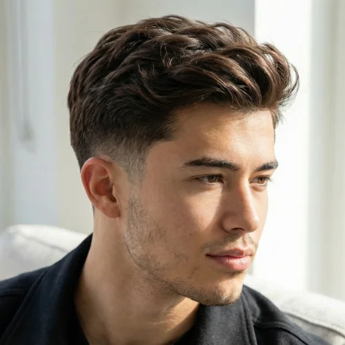 Modern men's haircut featuring a low taper fade on the sides and back with brown hair styled on top. The textured brown top adds volume, movement, and a natural look, while the low taper fade creates a sharp, polished finish around the ears and neckline. Ideal for men seeking a stylish, contemporary, and low-maintenance hairstyle with brown hair.