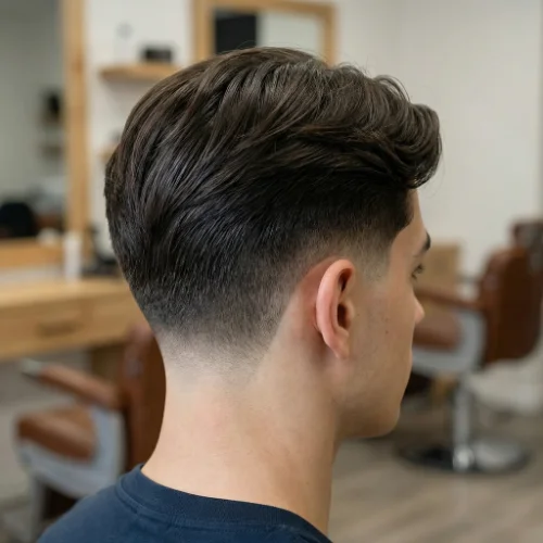 Modern men's haircut featuring a low taper fade on the back and sides with hair styled on top. The fade creates a sharp, polished finish around the ears and neckline, while the top adds volume and movement. Ideal for men seeking a stylish, contemporary, and well-groomed look with a clean fade on the back and sides.