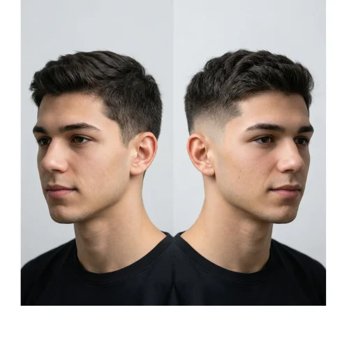 Low taper vs fade haircut comparison showing the difference between a subtle low taper around the neckline and ears and a full fade haircut that blends the sides and back into the skin