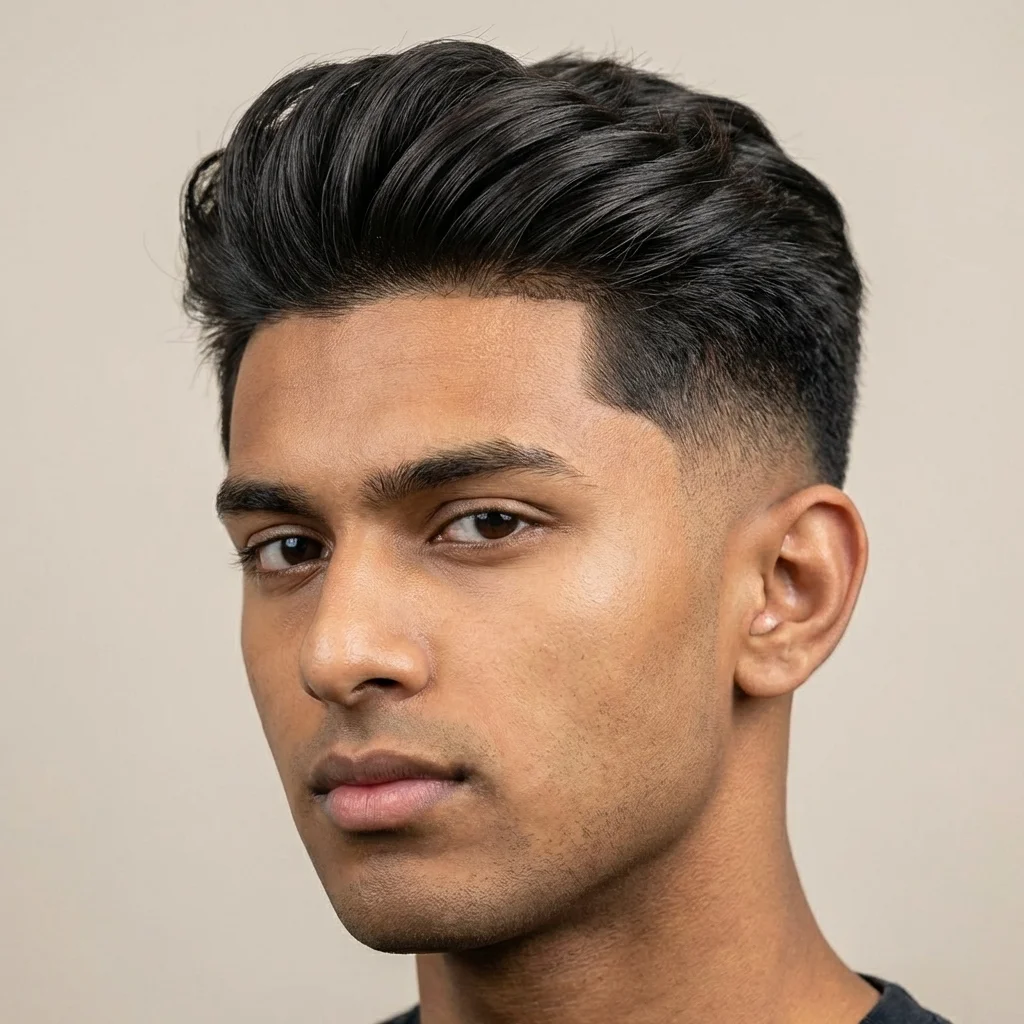 Close-up portrait of a young man with thick, voluminous hair styled back on top and a clean low taper fade on the sides, featuring a smooth gradual blend around the ears against a plain neutral background.