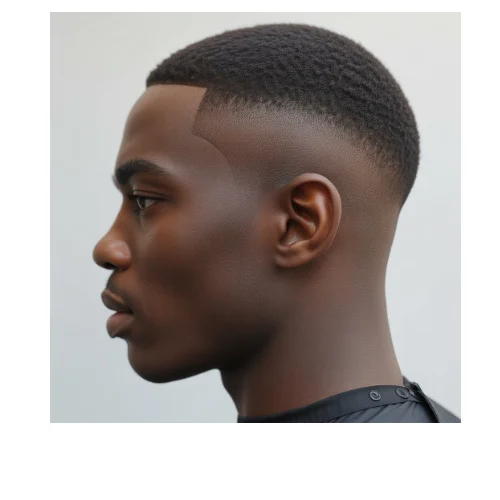 Side profile of a Black male with buzz cut and Low Taper Fade haircut, featuring short natural hair on top with clean tapered sides and sharp lineup.