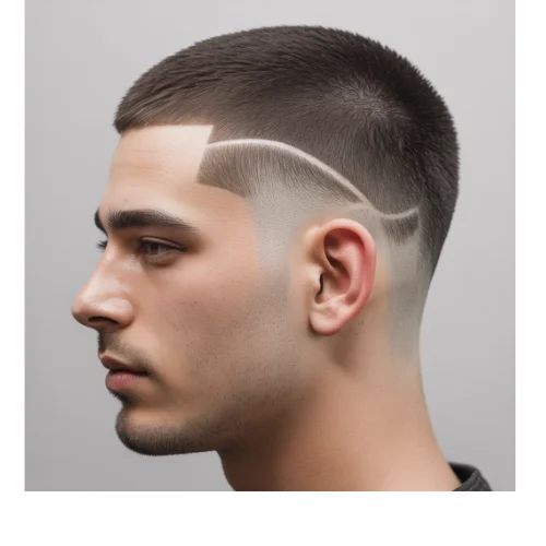 Side profile of a man with long buzz cut and Low Taper Fade, featuring short evenly trimmed hair on top with clean tapered sides and a subtle shaved line design.
