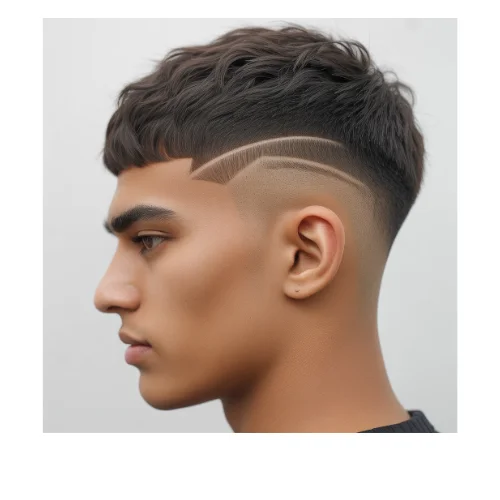 Low taper fade messy French crop with short textured hair on top, natural messy fringe in the front, and a clean taper fade around the ear for a modern men’s haircut.