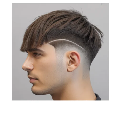 Side profile of a man with Low Taper Fade messy fringe straight hair, featuring straight textured fringe falling slightly over the forehead with clean tapered sides for a modern stylish look.